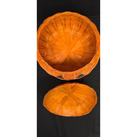 Vintage Primitive Orange Jack-O-Lantern Halloween Decorative Fall Basket w Lid - Picture 3 of 9